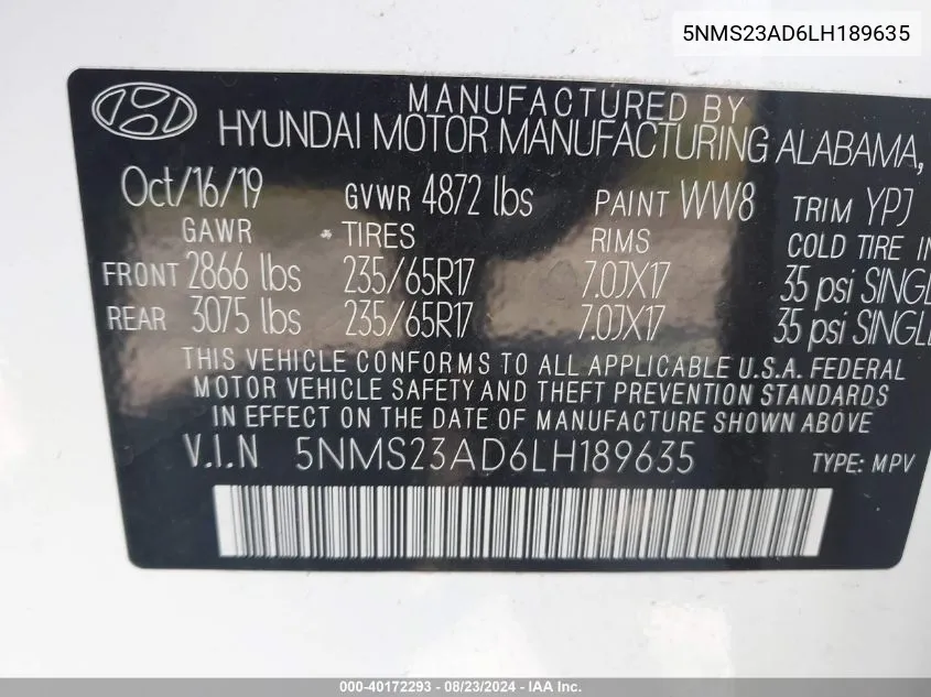 2020 Hyundai Santa Fe Se VIN: 5NMS23AD6LH189635 Lot: 40172293