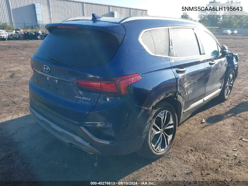 2020 Hyundai Santa Fe Limited 2.0T VIN: 5NMS5CAA6LH195643 Lot: 40276613