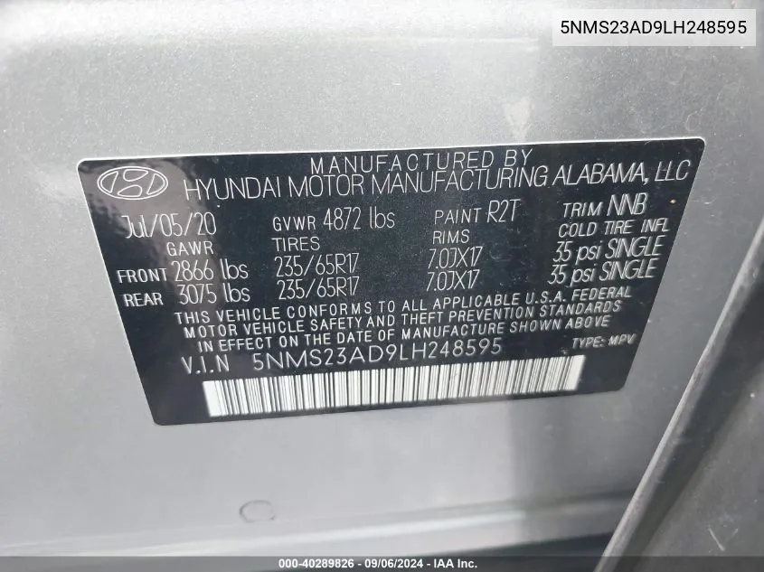 2020 Hyundai Santa Fe Se VIN: 5NMS23AD9LH248595 Lot: 40289826