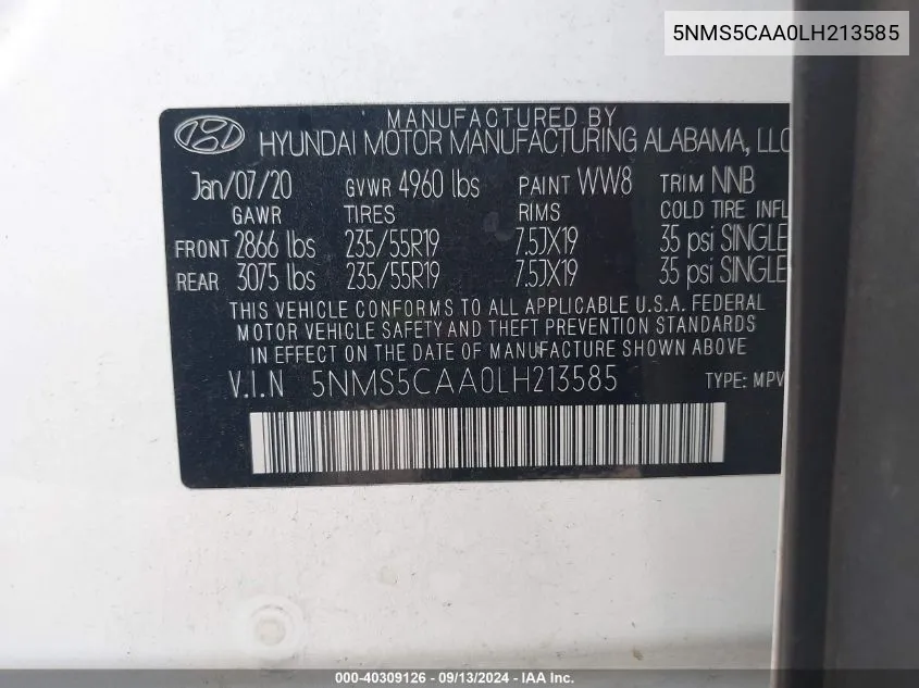 5NMS5CAA0LH213585 2020 Hyundai Santa Fe Limited 2.0T