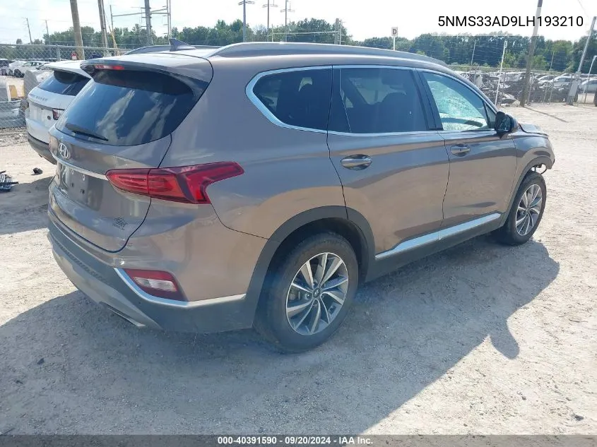 2020 Hyundai Santa Fe Sel VIN: 5NMS33AD9LH193210 Lot: 40391590