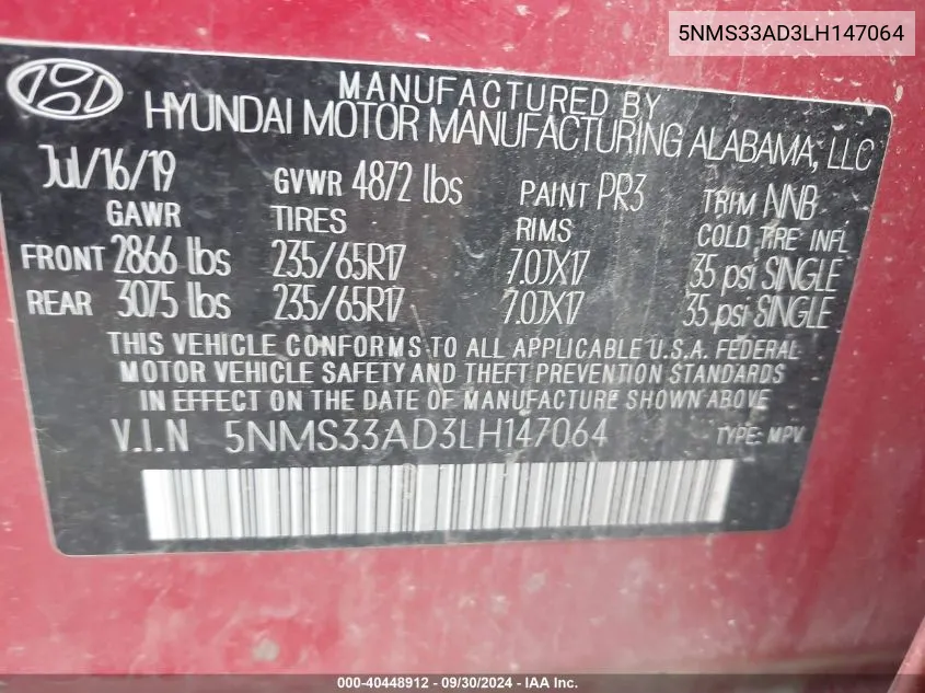 2020 Hyundai Santa Fe Sel VIN: 5NMS33AD3LH147064 Lot: 40448912