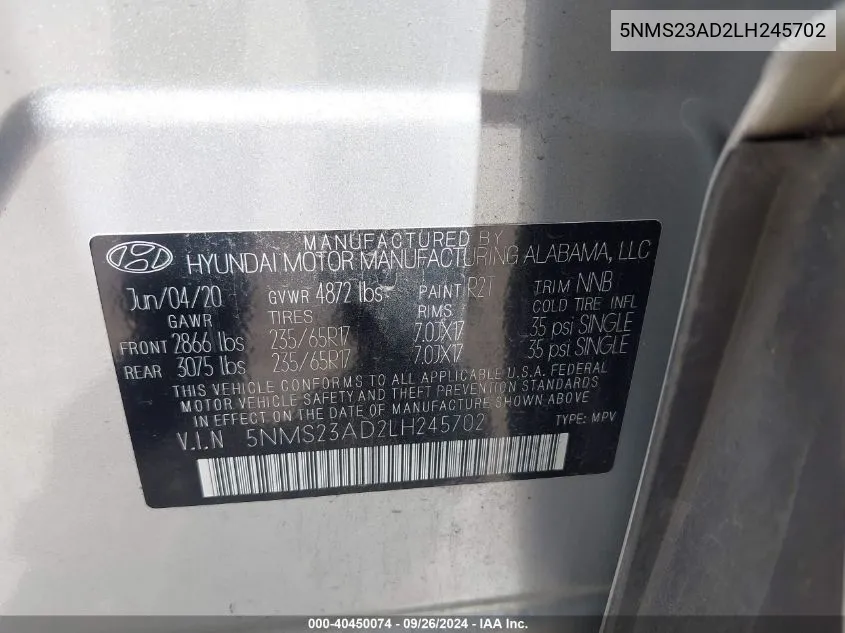 5NMS23AD2LH245702 2020 Hyundai Santa Fe Se