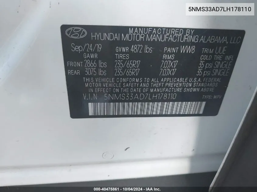 5NMS33AD7LH178110 2020 Hyundai Santa Fe Sel