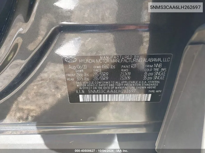 5NMS3CAA6LH262697 2020 Hyundai Santa Fe Sel 2.0T