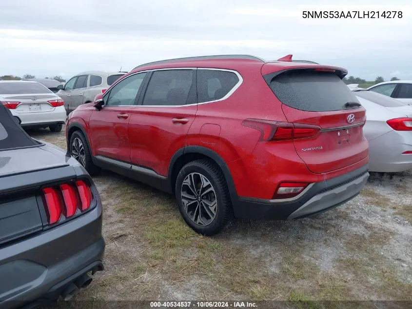 2020 Hyundai Santa Fe Limited/Ultimate VIN: 5NMS53AA7LH214278 Lot: 40534537