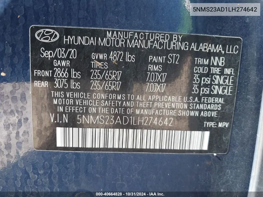 2020 Hyundai Santa Fe Se VIN: 5NMS23AD1LH274642 Lot: 40664828