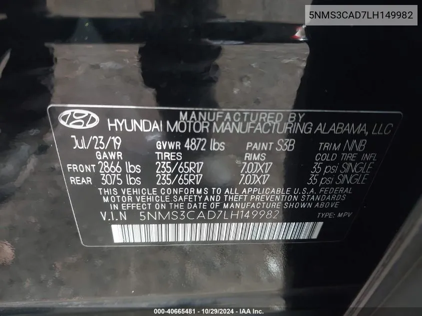 2020 Hyundai Santa Fe Sel VIN: 5NMS3CAD7LH149982 Lot: 40665481