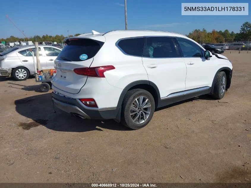 2020 Hyundai Santa Fe Sel VIN: 5NMS33AD1LH178331 Lot: 40668912