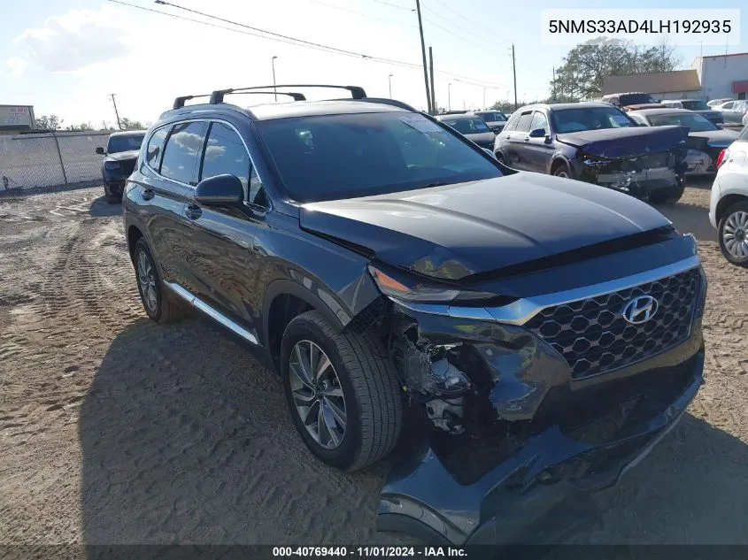 2020 Hyundai Santa Fe Sel VIN: 5NMS33AD4LH192935 Lot: 40769440