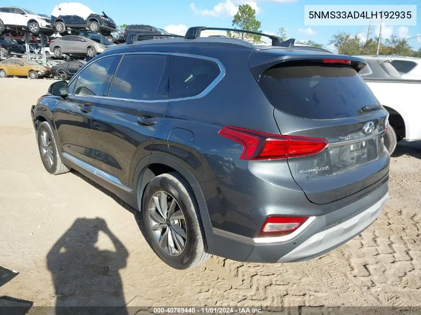 2020 Hyundai Santa Fe Sel VIN: 5NMS33AD4LH192935 Lot: 40769440