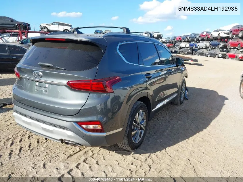 2020 Hyundai Santa Fe Sel VIN: 5NMS33AD4LH192935 Lot: 40769440