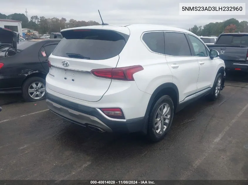 2020 Hyundai Santa Fe Se VIN: 5NMS23AD3LH232960 Lot: 40814028