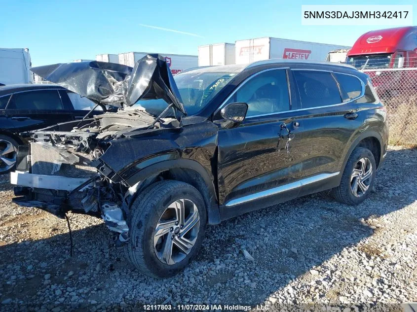 2021 Hyundai Santa Fe VIN: 5NMS3DAJ3MH342417 Lot: 12117803