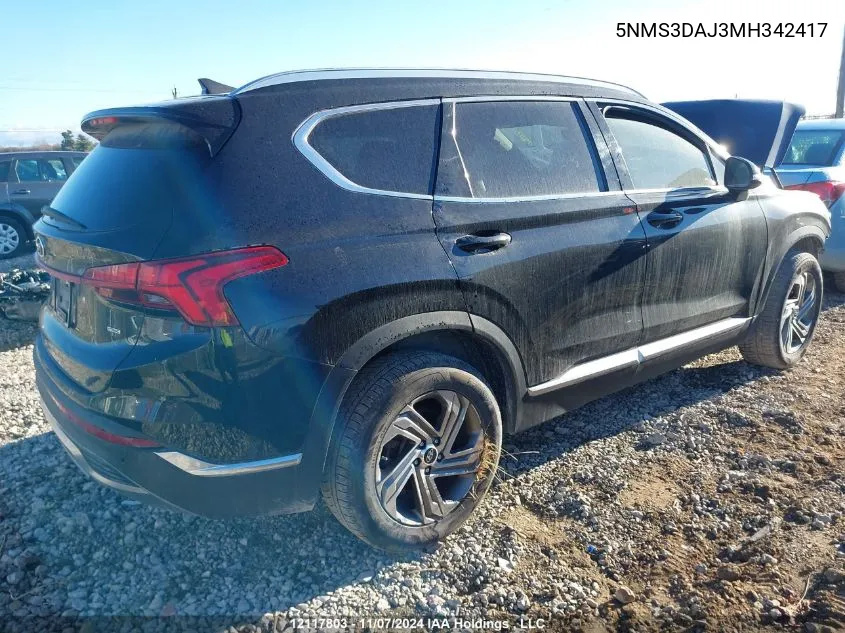 2021 Hyundai Santa Fe VIN: 5NMS3DAJ3MH342417 Lot: 12117803