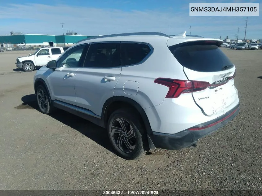 2021 Hyundai Santa Fe Sel VIN: 5NMS3DAJ4MH357105 Lot: 30046432