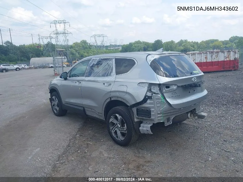 2021 Hyundai Santa Fe Se VIN: 5NMS1DAJ6MH343602 Lot: 40012017