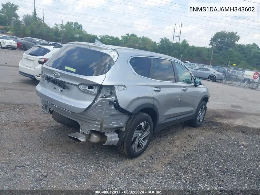 2021 Hyundai Santa Fe Se VIN: 5NMS1DAJ6MH343602 Lot: 40012017