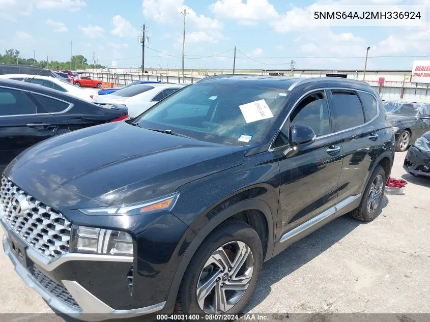 2021 Hyundai Santa Fe Sel VIN: 5NMS64AJ2MH336924 Lot: 40031400