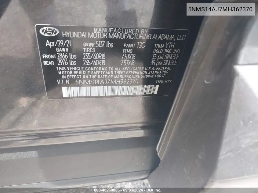 5NMS14AJ7MH362370 2021 Hyundai Santa Fe Se