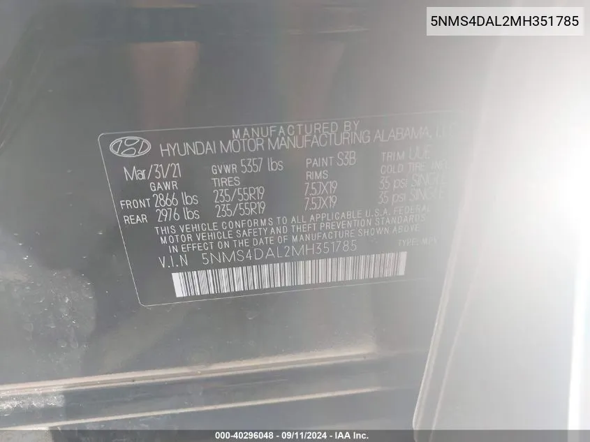 5NMS4DAL2MH351785 2021 Hyundai Santa Fe Limited