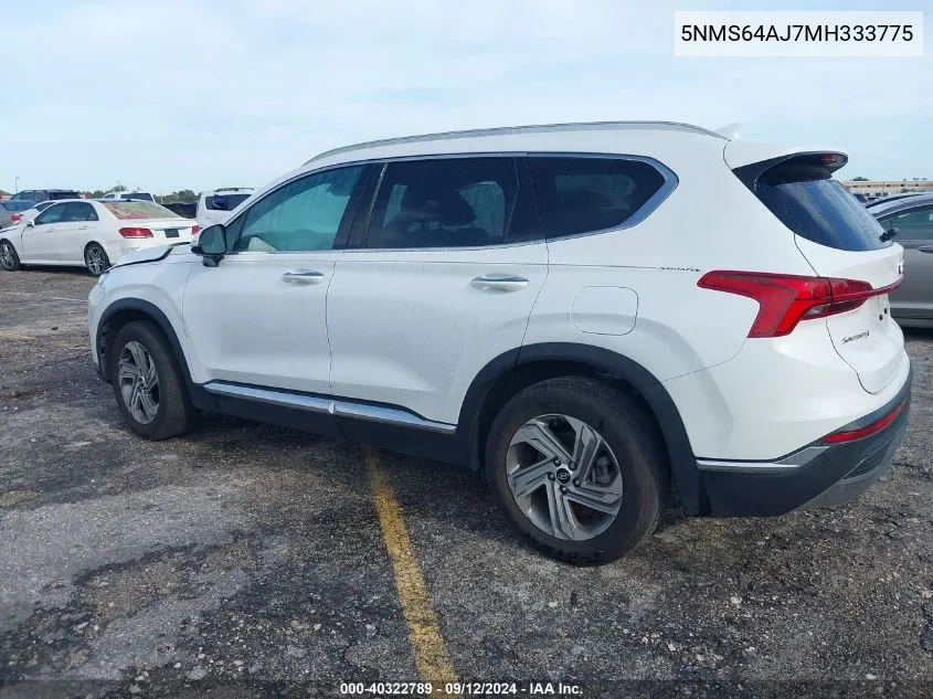 2021 Hyundai Santa Fe Sel VIN: 5NMS64AJ7MH333775 Lot: 40322789