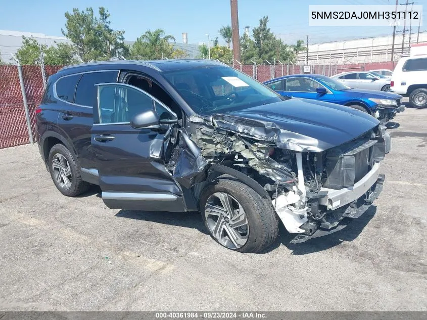 2021 Hyundai Santa Fe Sel VIN: 5NMS2DAJ0MH351112 Lot: 40361984