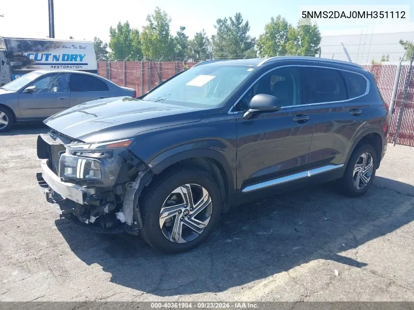 2021 Hyundai Santa Fe Sel VIN: 5NMS2DAJ0MH351112 Lot: 40361984