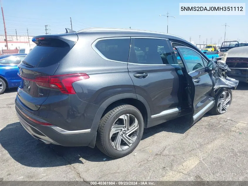 2021 Hyundai Santa Fe Sel VIN: 5NMS2DAJ0MH351112 Lot: 40361984