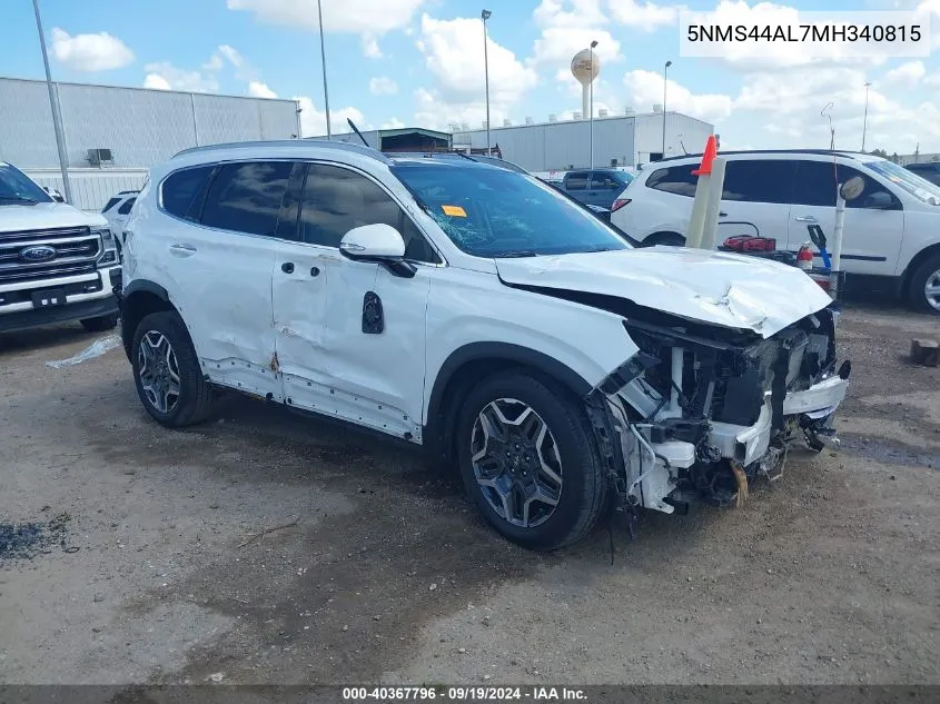 2021 Hyundai Santa Fe Limited VIN: 5NMS44AL7MH340815 Lot: 40367796