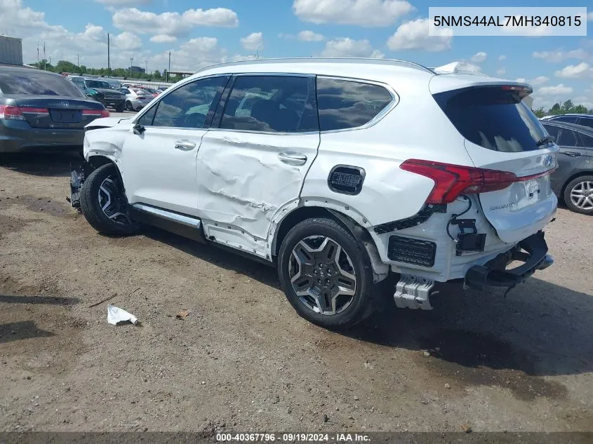 2021 Hyundai Santa Fe Limited VIN: 5NMS44AL7MH340815 Lot: 40367796