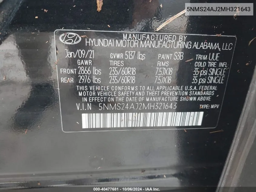 5NMS24AJ2MH321643 2021 Hyundai Santa Fe Sel