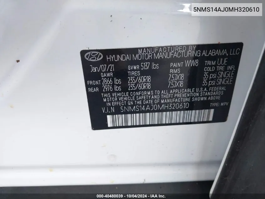 2021 Hyundai Santa Fe Se VIN: 5NMS14AJ0MH320610 Lot: 40480039