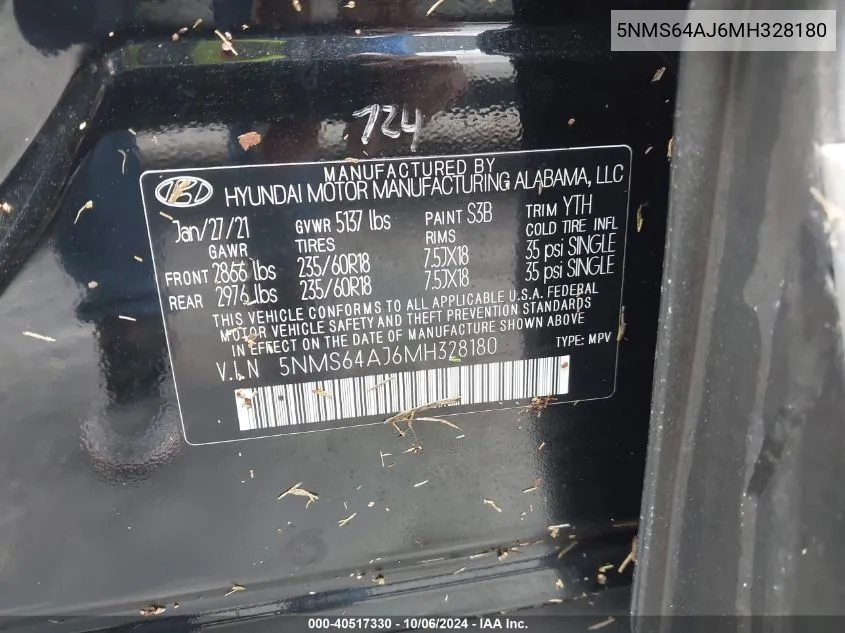 2021 Hyundai Santa Fe Sel VIN: 5NMS64AJ6MH328180 Lot: 40517330