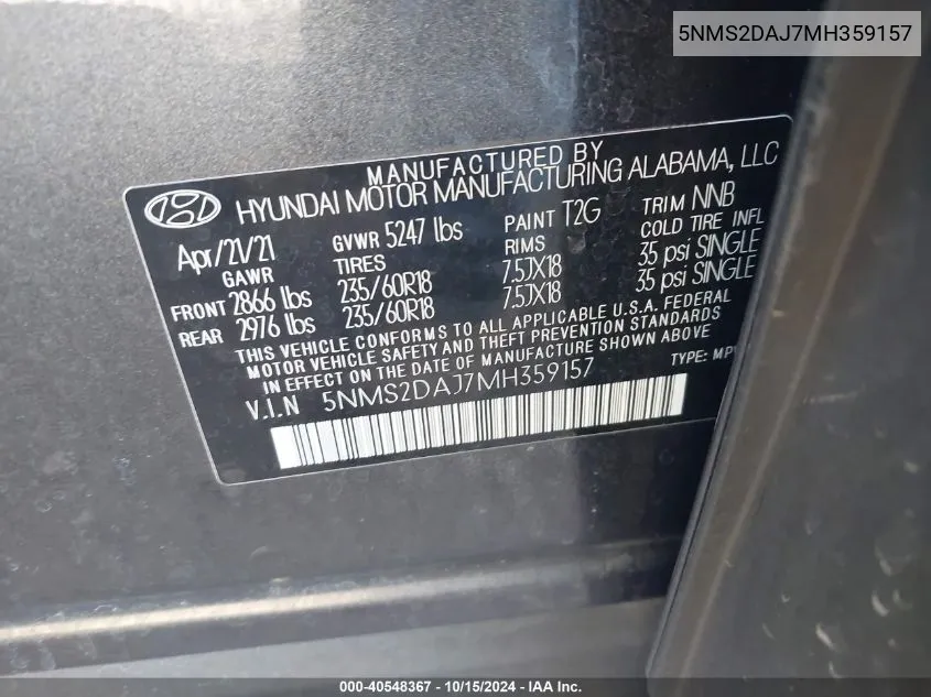 2021 Hyundai Santa Fe Sel VIN: 5NMS2DAJ7MH359157 Lot: 40548367