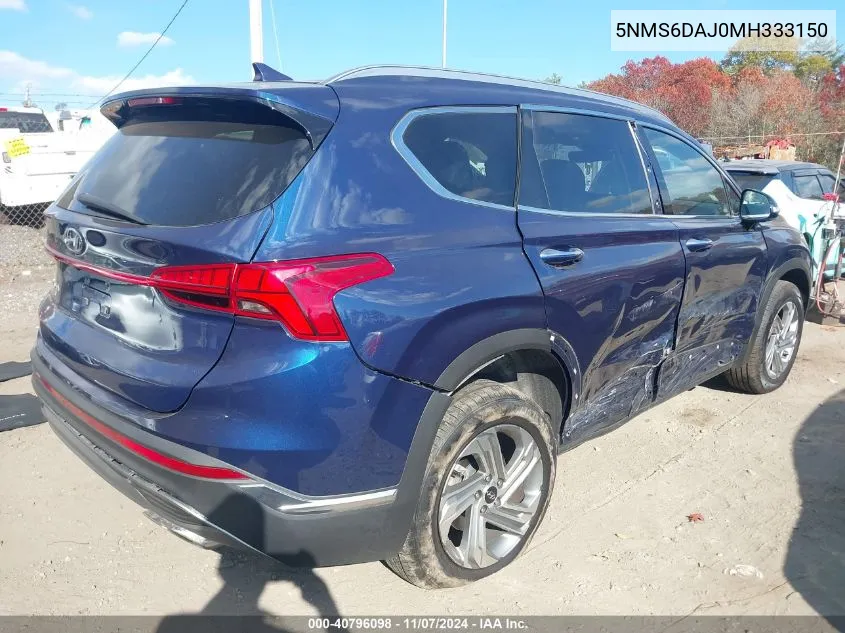 2021 Hyundai Santa Fe Sel VIN: 5NMS6DAJ0MH333150 Lot: 40796098