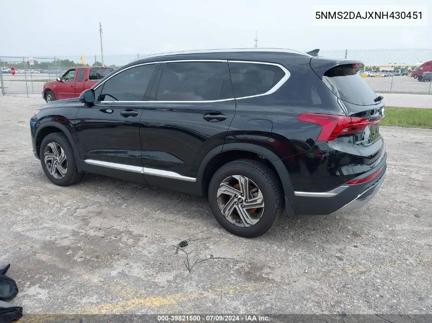 2022 Hyundai Santa Fe Sel VIN: 5NMS2DAJXNH430451 Lot: 39821500