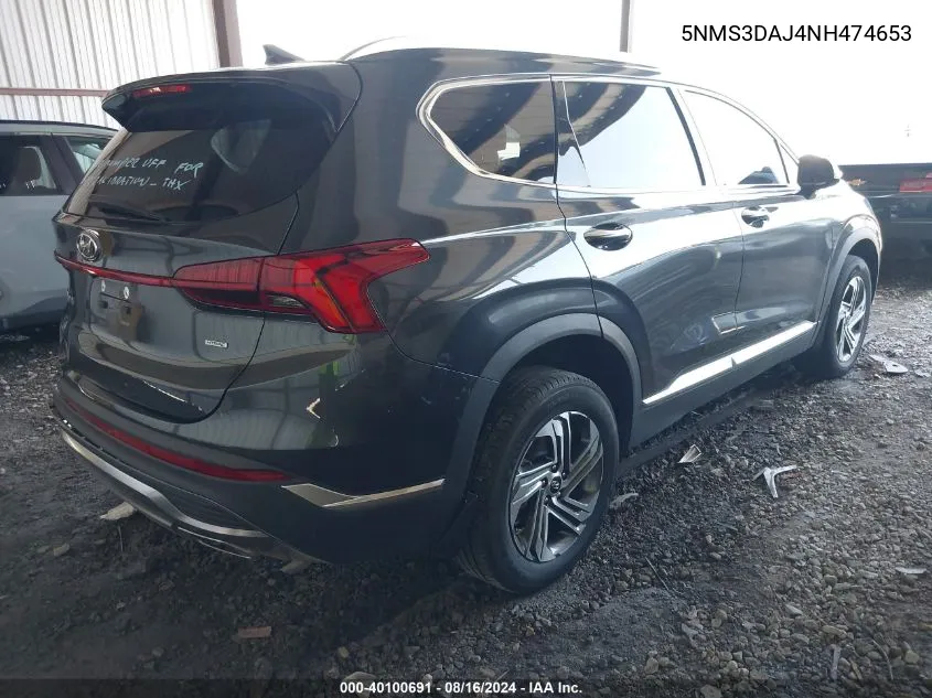 2022 Hyundai Santa Fe Sel VIN: 5NMS3DAJ4NH474653 Lot: 40100691