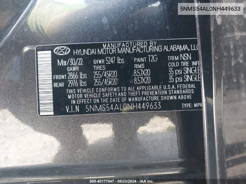 2022 Hyundai Santa Fe Calligraphy VIN: 5NMS54AL0NH449633 Lot: 40177047