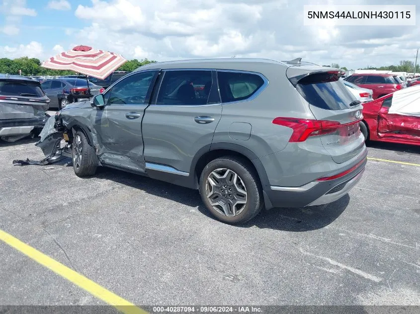 2022 Hyundai Santa Fe Limited VIN: 5NMS44AL0NH430115 Lot: 40287094