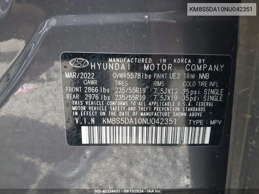 KM8S5DA10NU042351 2022 Hyundai Santa Fe Hybrid Limited