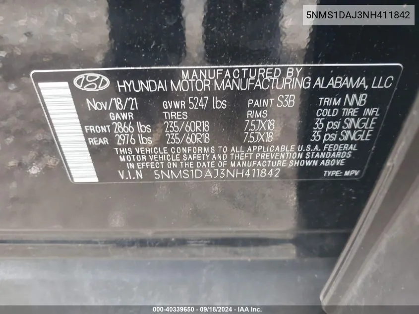 5NMS1DAJ3NH411842 2022 Hyundai Santa Fe Se