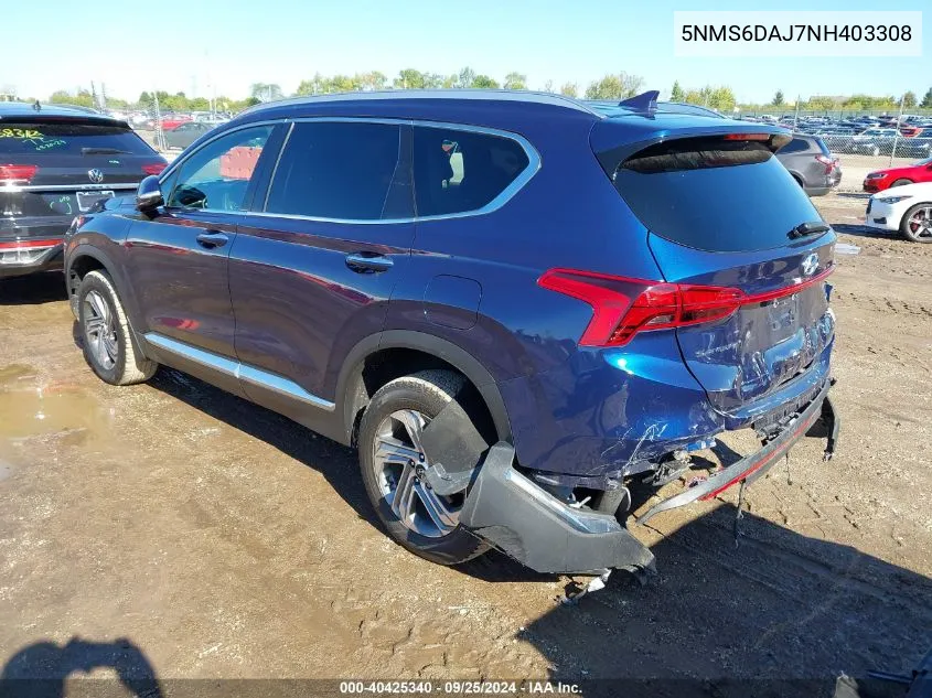 2022 Hyundai Santa Fe Sel VIN: 5NMS6DAJ7NH403308 Lot: 40425340