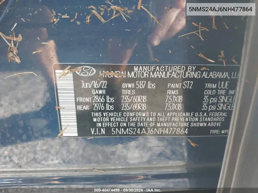 2022 Hyundai Santa Fe Sel VIN: 5NMS24AJ6NH477864 Lot: 40474499