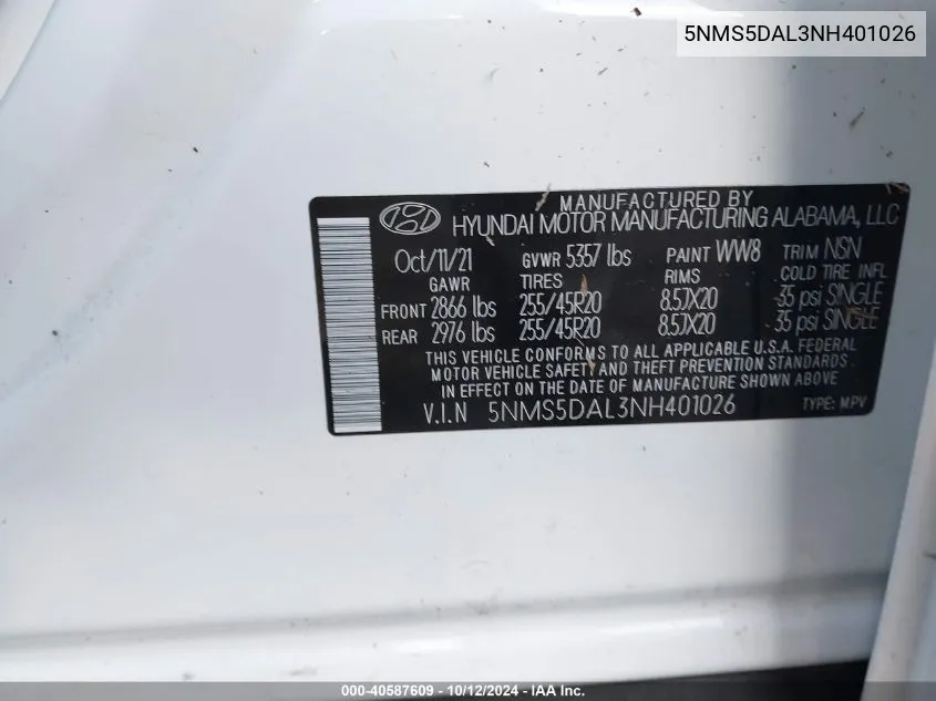 5NMS5DAL3NH401026 2022 Hyundai Santa Fe Calligraphy