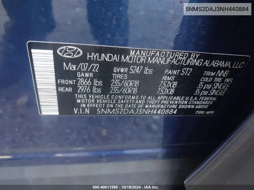 2022 Hyundai Santa Fe Sel VIN: 5NMS2DAJ3NH440884 Lot: 40611595