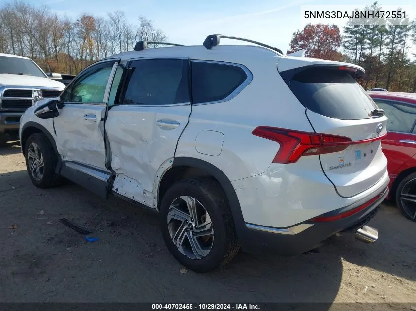 2022 Hyundai Santa Fe Sel VIN: 5NMS3DAJ8NH472551 Lot: 40702458