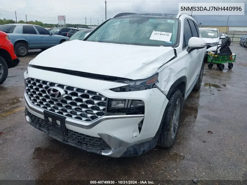 2022 Hyundai Santa Fe Sel VIN: 5NMS3DAJ7NH440996 Lot: 40749930