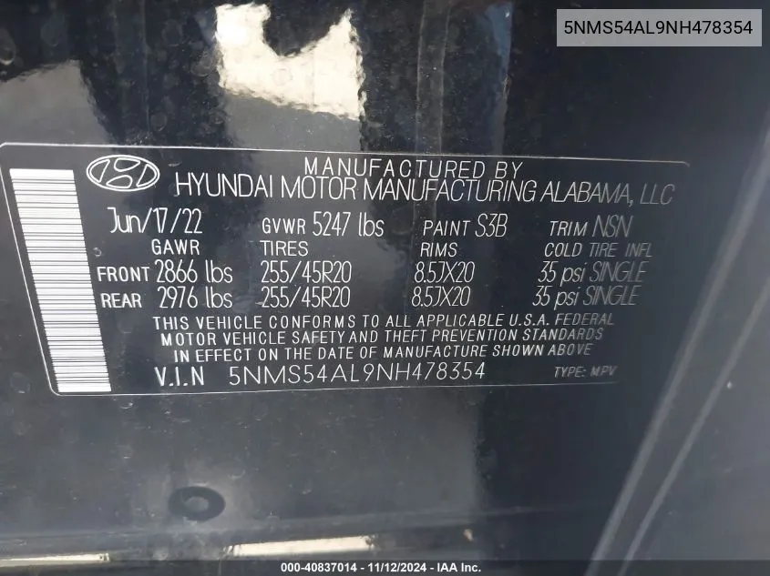 2022 Hyundai Santa Fe Calligraphy VIN: 5NMS54AL9NH478354 Lot: 40837014