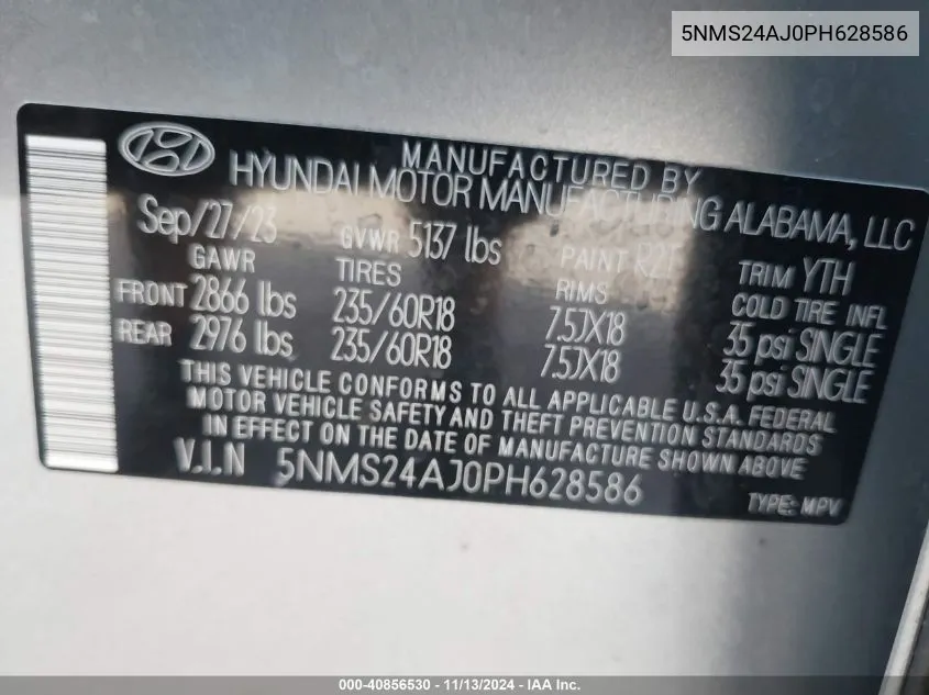 2023 Hyundai Santa Fe Sel VIN: 5NMS24AJ0PH628586 Lot: 40856530